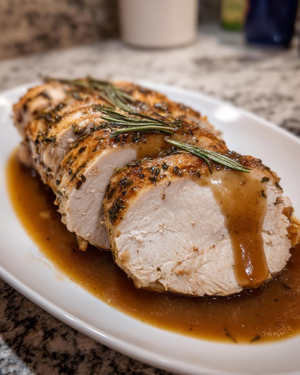 Close-up of sliced, juicy instant pot turkey breast seasoned with herbs and drizzled with rich brown gravy.