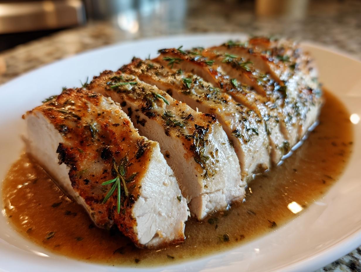 A close-up of a perfectly cooked, sliced instant pot turkey breast resting in savory brown gravy and topped with herbs.