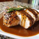 Close-up of sliced, juicy Instant Pot Turkey Breast covered in brown gravy and garnished with fresh rosemary.