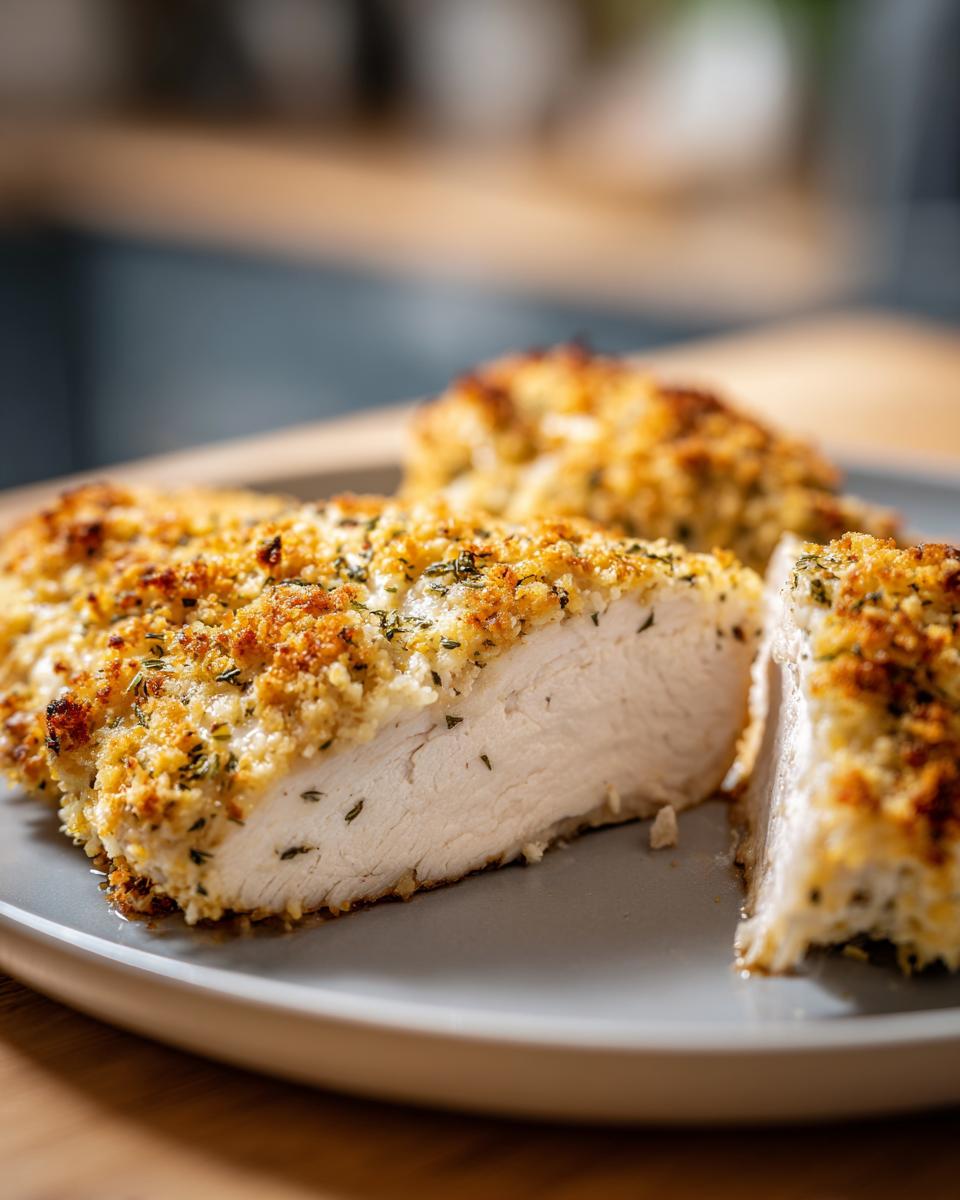 Cross-section of juicy baked ranch chicken breast showing the white meat and crispy, herbed crust.