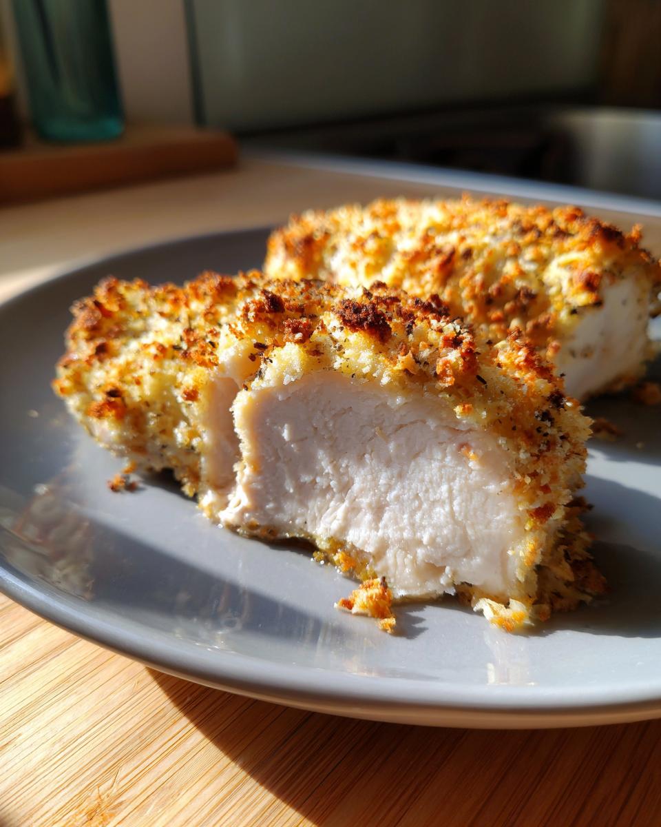 Close-up of sliced baked ranch chicken showing juicy white meat and crispy golden breading.