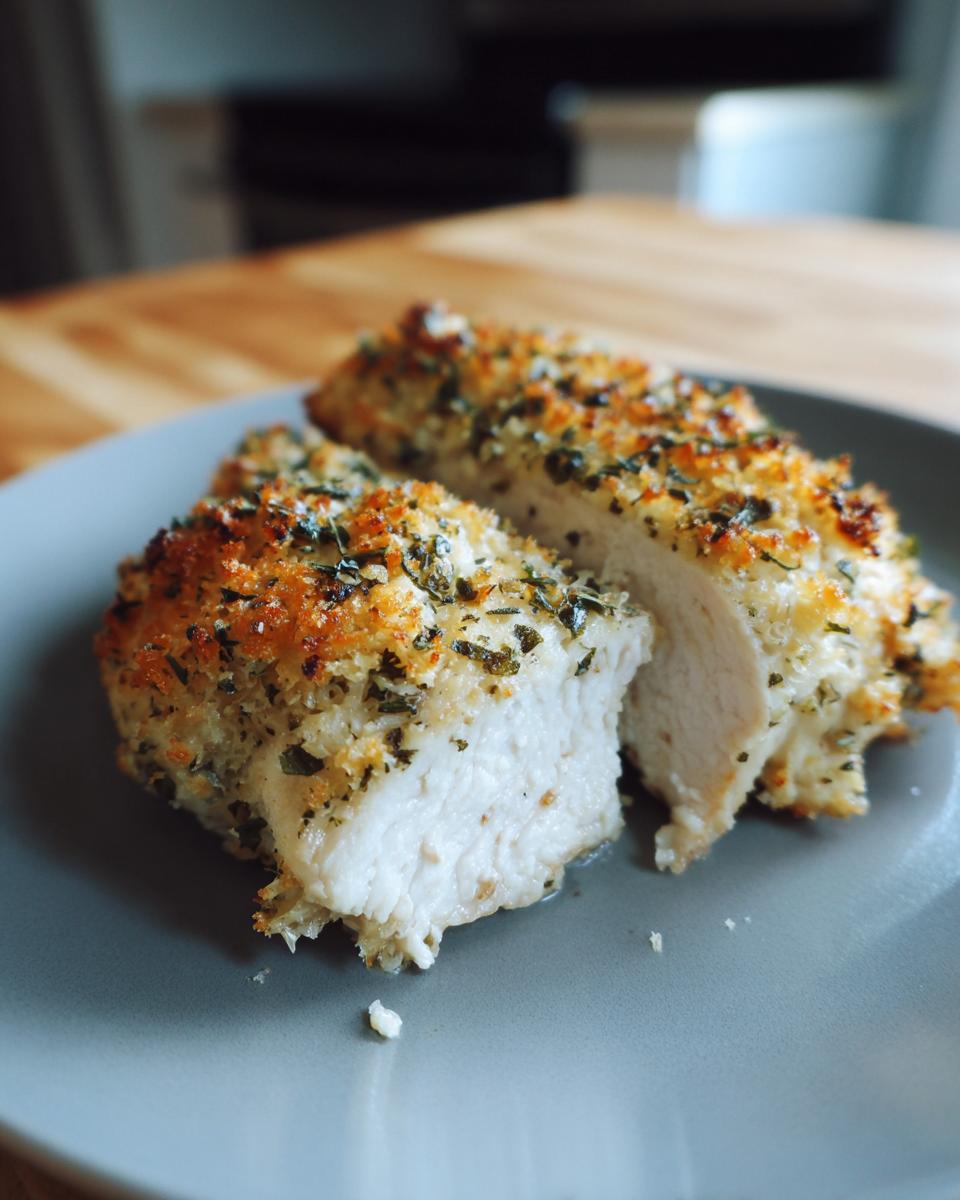 Close-up of juicy baked ranch chicken breast, sliced open to show the moist white meat and crispy herb topping.