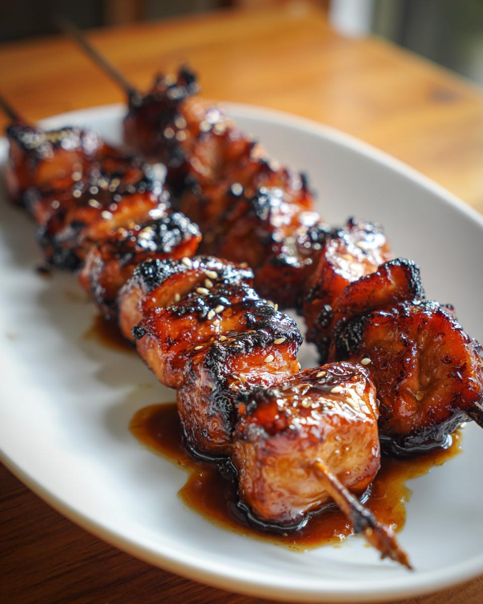 Two skewers of juicy, glazed chicken skewers resting on a white plate, drizzled with sauce and sprinkled with sesame seeds.