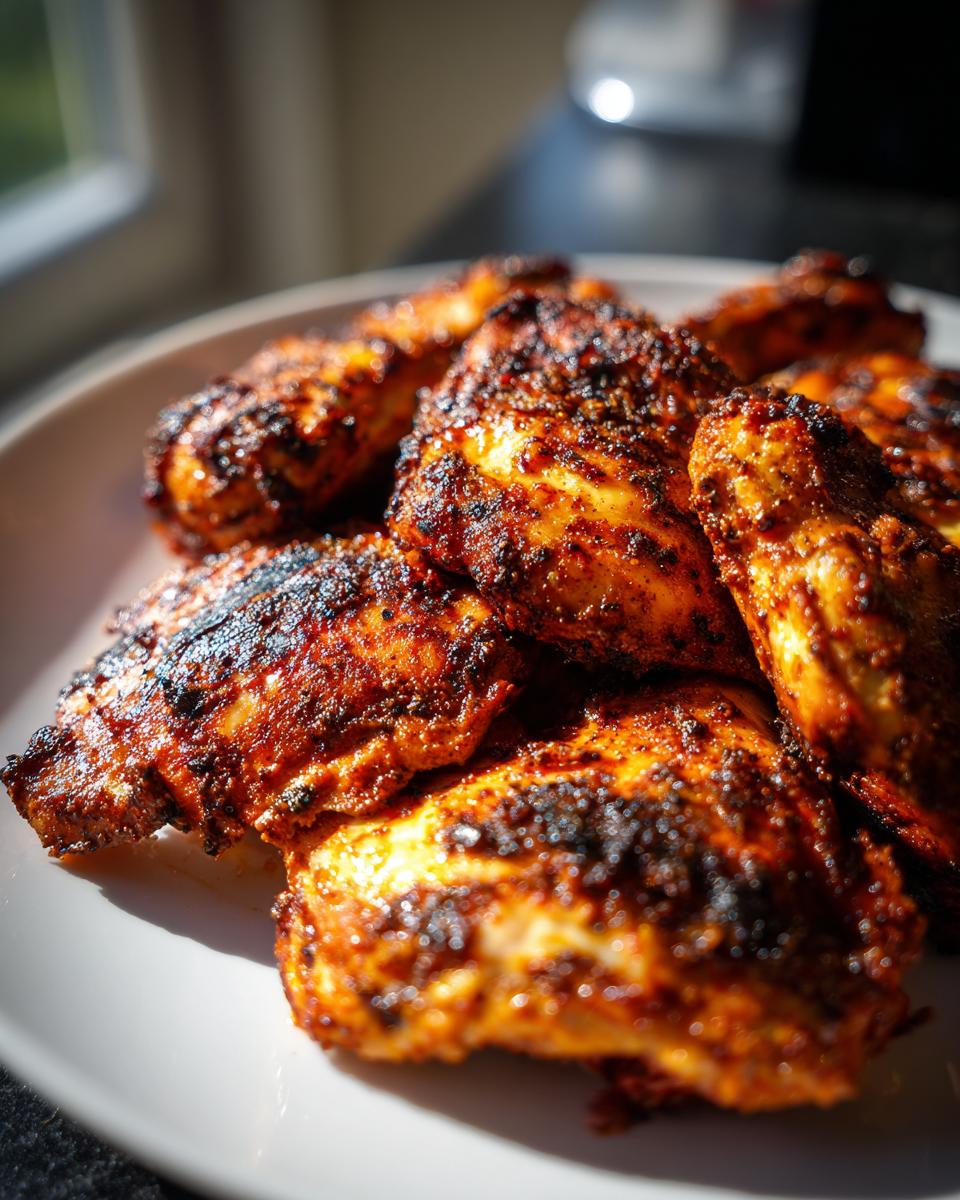 Close-up of several pieces of grilled chicken coated in a rich, dark red chicken marinade, resting on a white plate.