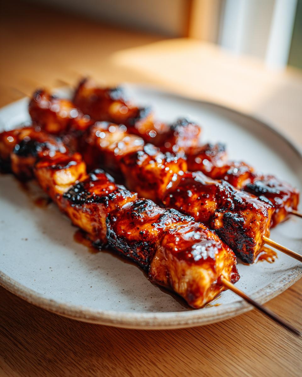 Close-up of three perfectly grilled chicken skewers coated in a thick, dark, glossy glaze.