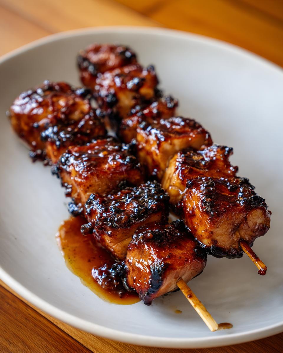 Close-up of two skewers featuring juicy, caramelized chicken skewers coated in a thick, dark glaze.