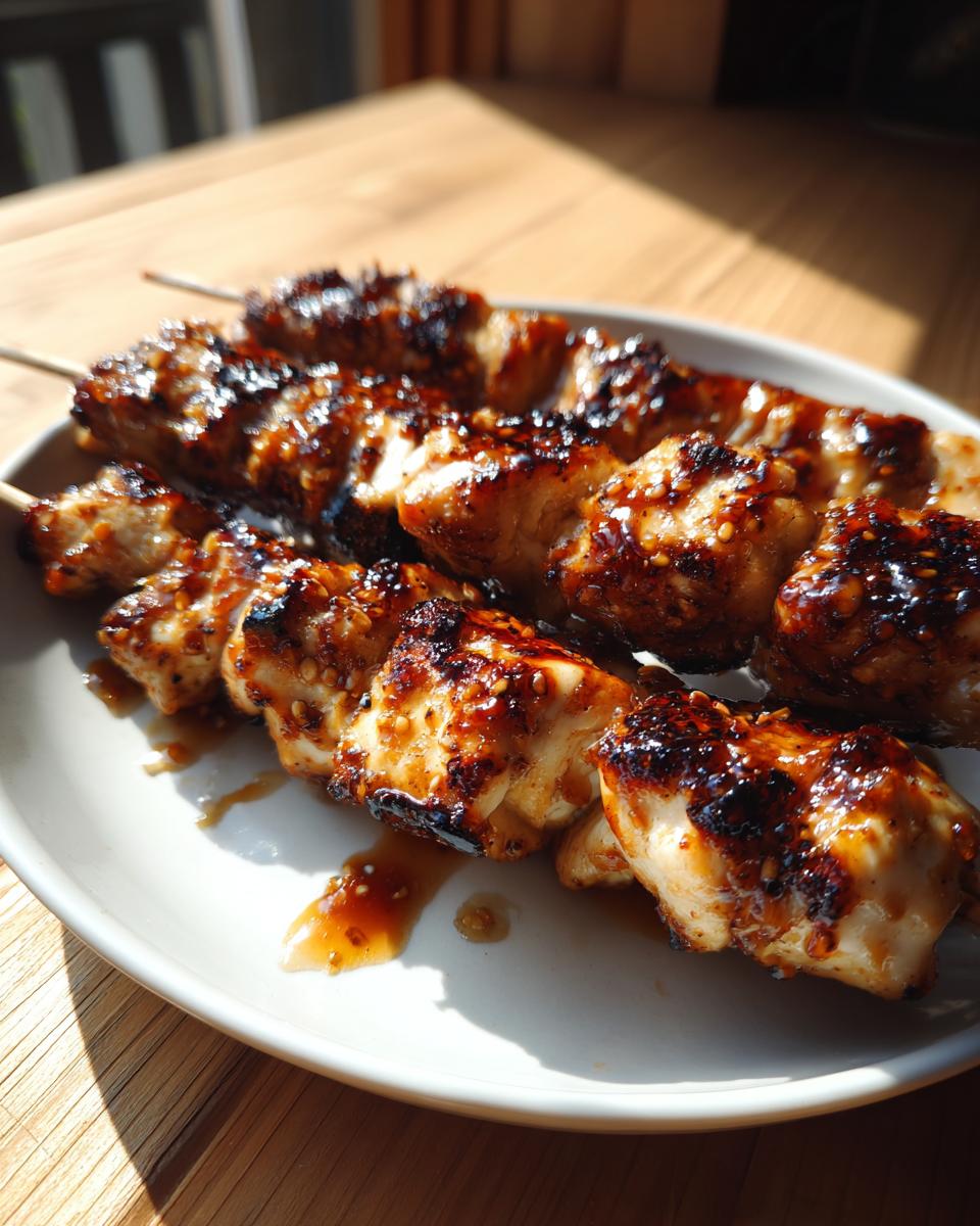 Three glazed chicken skewers resting on a white plate, showing caramelized char and sesame seeds on the juicy chicken skewers.