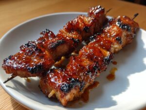 Close-up of two perfectly grilled, glazed chicken skewers resting on a white plate.