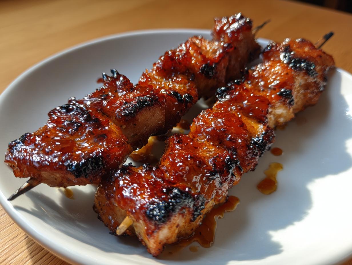 Close-up of two perfectly grilled, glazed chicken skewers resting on a white plate.