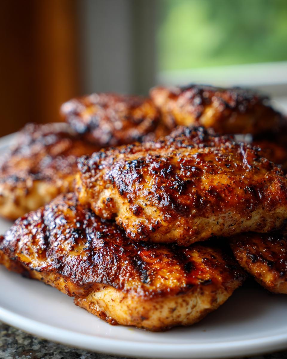 Close-up of several pieces of grilled chicken breasts coated in a dark, flavorful chicken marinade, stacked on a white plate.