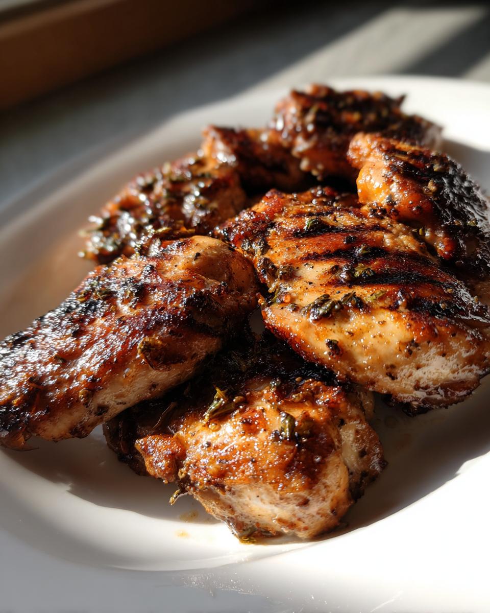 Close-up of grilled chicken pieces coated in a flavorful chicken marinade, showing char marks on a white plate.
