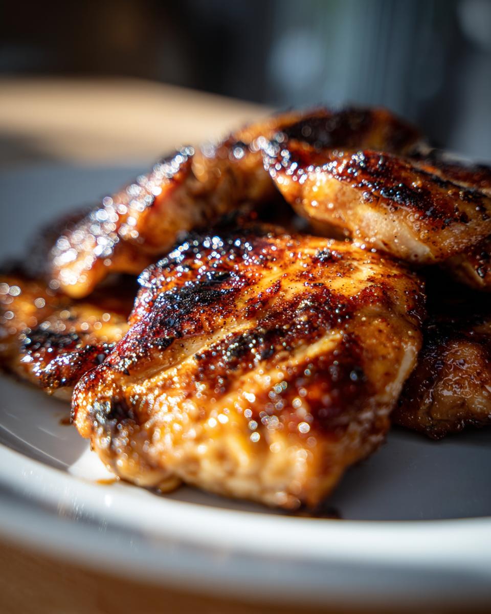 Close-up of beautifully charred and glazed chicken pieces, showcasing the results of the amazing chicken marinade.