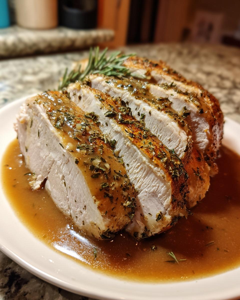 Four thick slices of juicy instant pot turkey breast covered in herb gravy, garnished with rosemary.