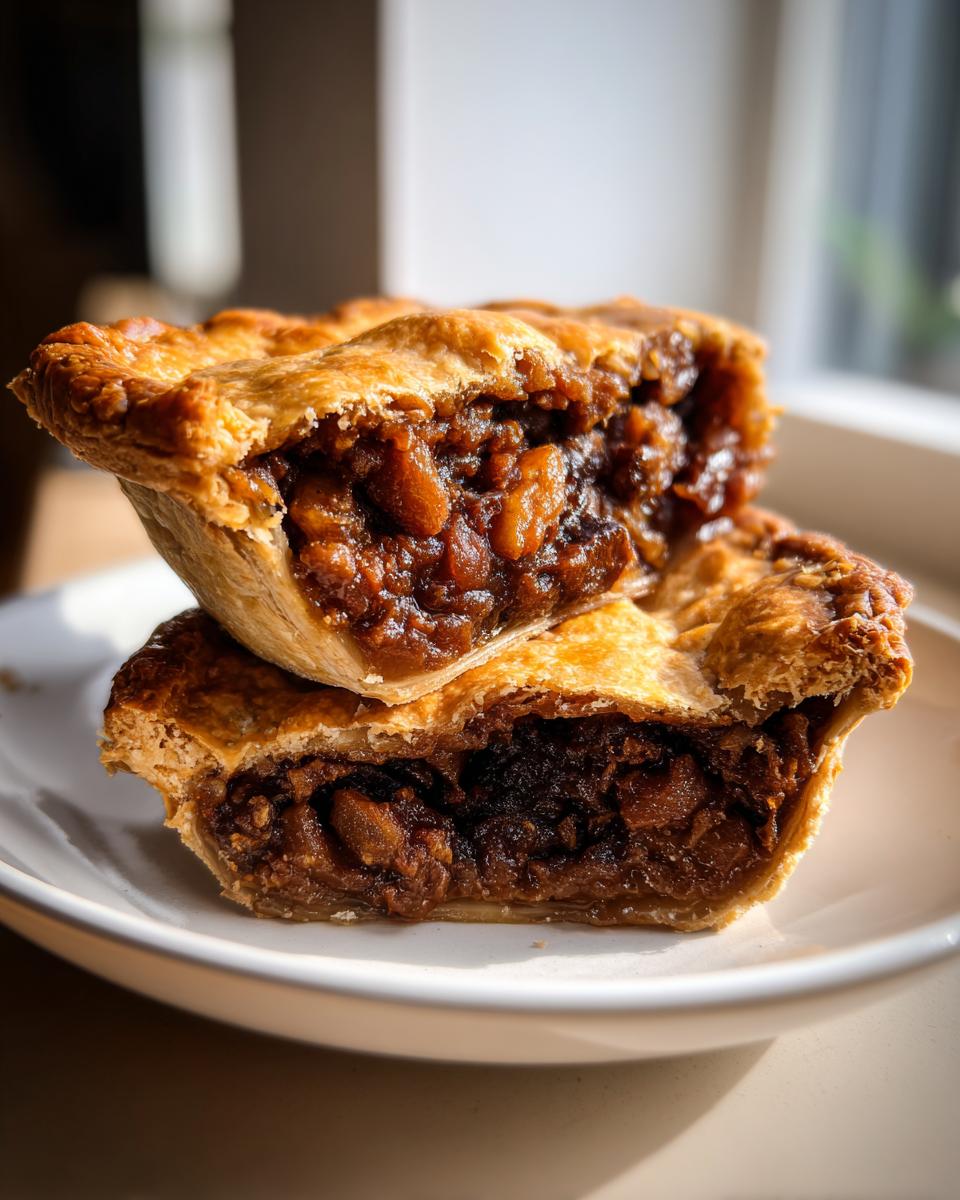 Two halves of a flaky pastry mincemeat pie stacked, showing the rich, dark fruit filling inside.