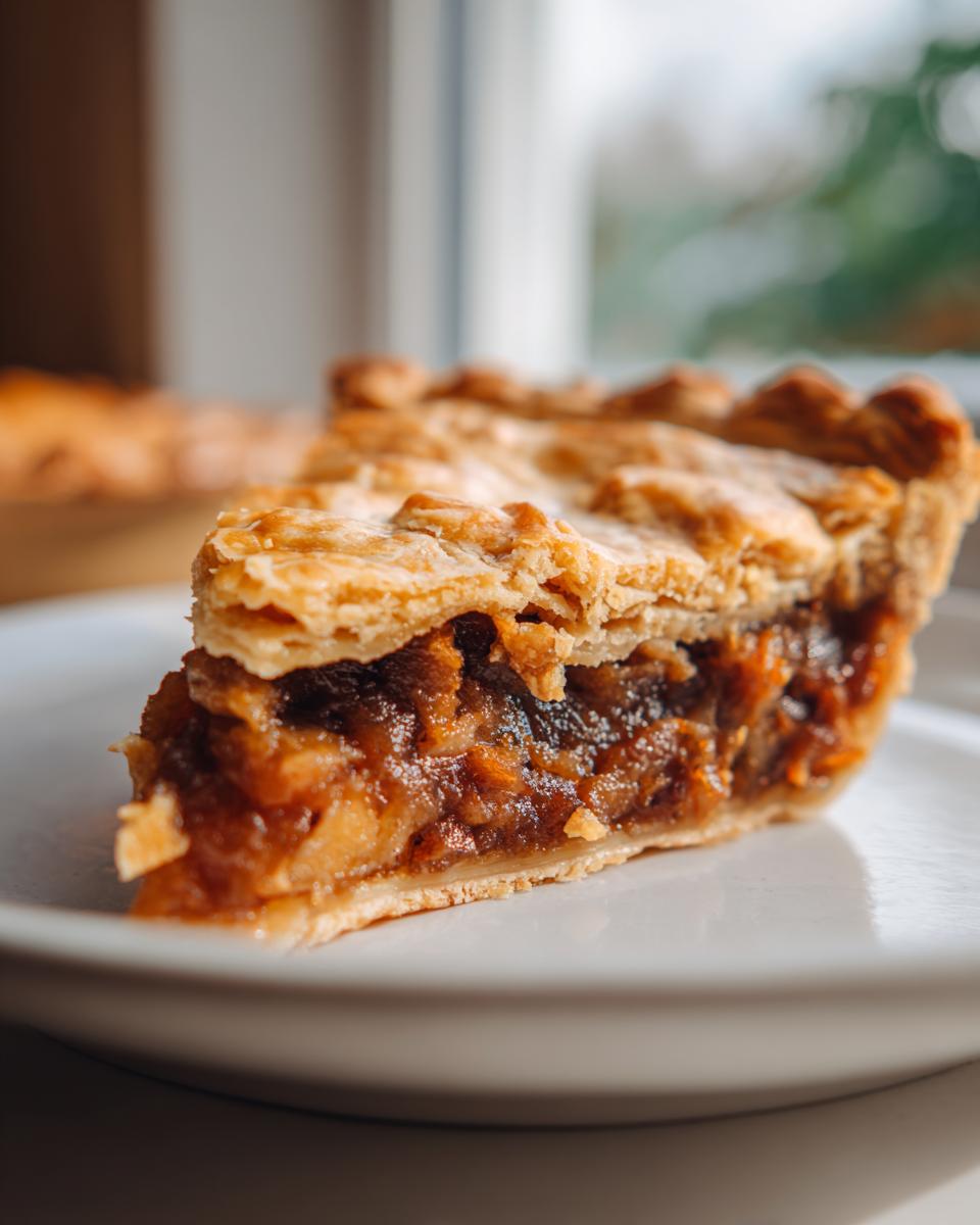 Close-up of a thick, juicy slice of mincemeat pie showing the rich fruit filling and golden flaky pastry crust.