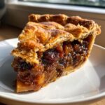 Close-up of a juicy slice of mincemeat pie showing rich, dark filling and flaky golden-brown crust.