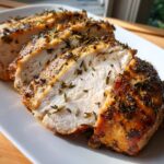 Close-up of juicy, sliced slow cooker turkey breast coated in browned herbs and spices on a white plate.