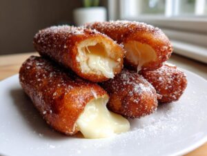 A stack of deep-fried Korean corn dog pieces showing an incredible, gooey cheese pull, dusted with sugar.