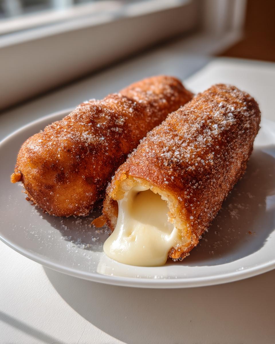 Two sugar-dusted Korean corn dogs on a plate, one cut open showing a dramatic, stretchy cheese pull.