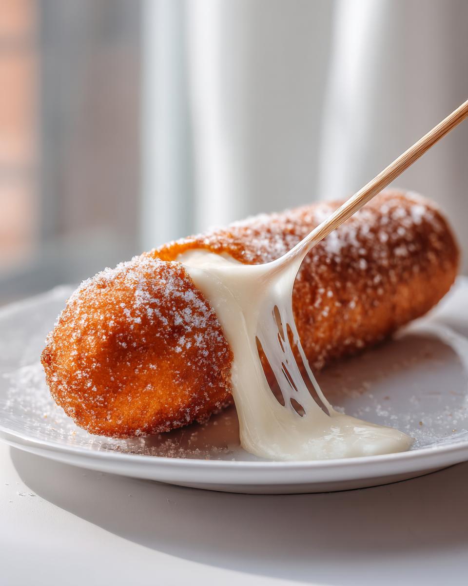 A freshly fried korean corn dog coated in sugar is pulled apart revealing an extreme, long cheese pull.