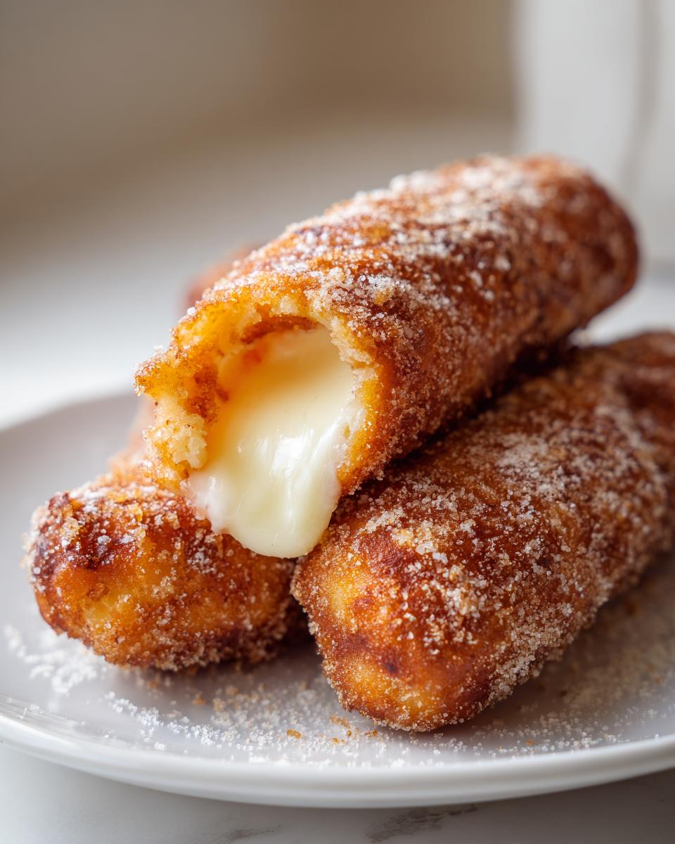 Close-up of a sugar-coated Korean corn dog cut open, showing a dramatic, gooey mozzarella cheese pull.