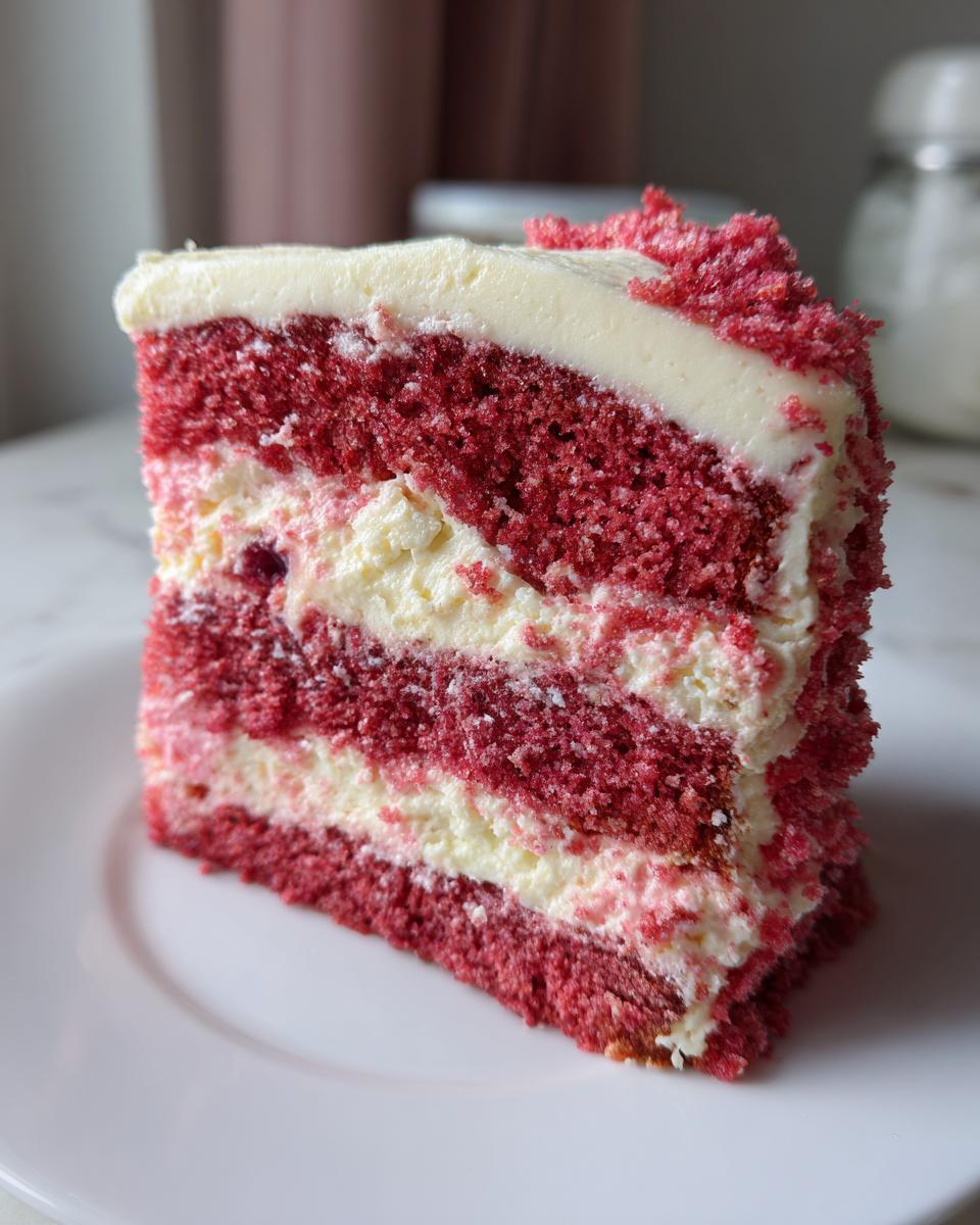 Close-up of a decadent slice of layered red cake, likely a cherry cake variation, with thick white frosting layers.