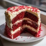 A tall, multi-layered slice of red velvet poke cake with thick white frosting and red sprinkles.