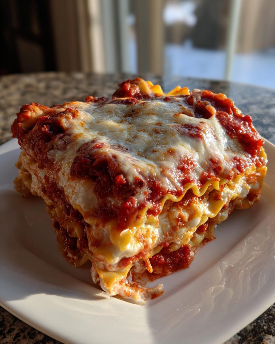 A close-up of a thick slice of lazy lasagna, layered with pasta, ricotta, and topped with rich tomato sauce and melted mozzarella cheese.