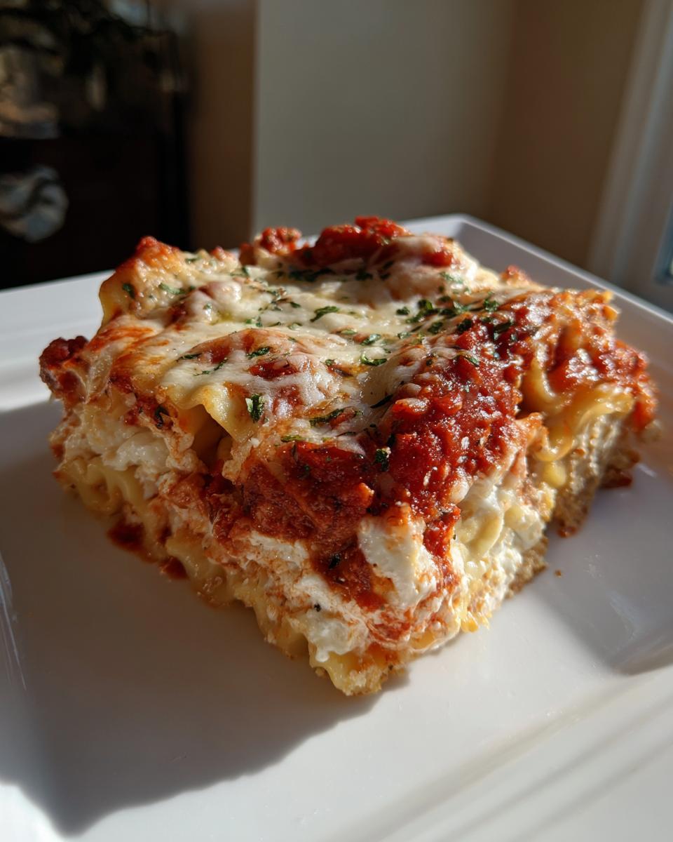 A square serving of lazy lasagna, layered with ricotta, sauce, and melted mozzarella, garnished with parsley.