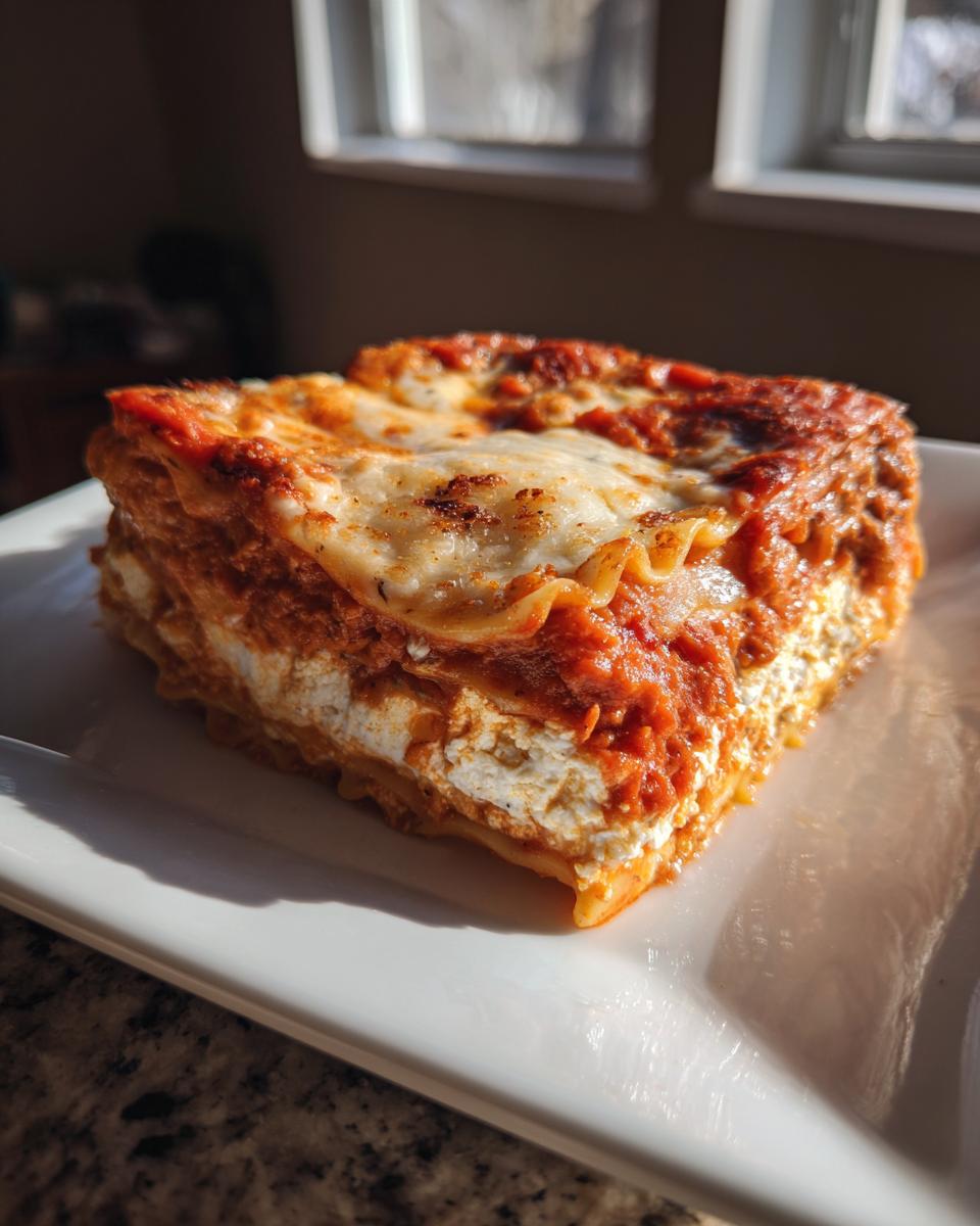 A thick, golden-brown slice of lazy lasagna featuring rich tomato sauce and creamy ricotta cheese layers.