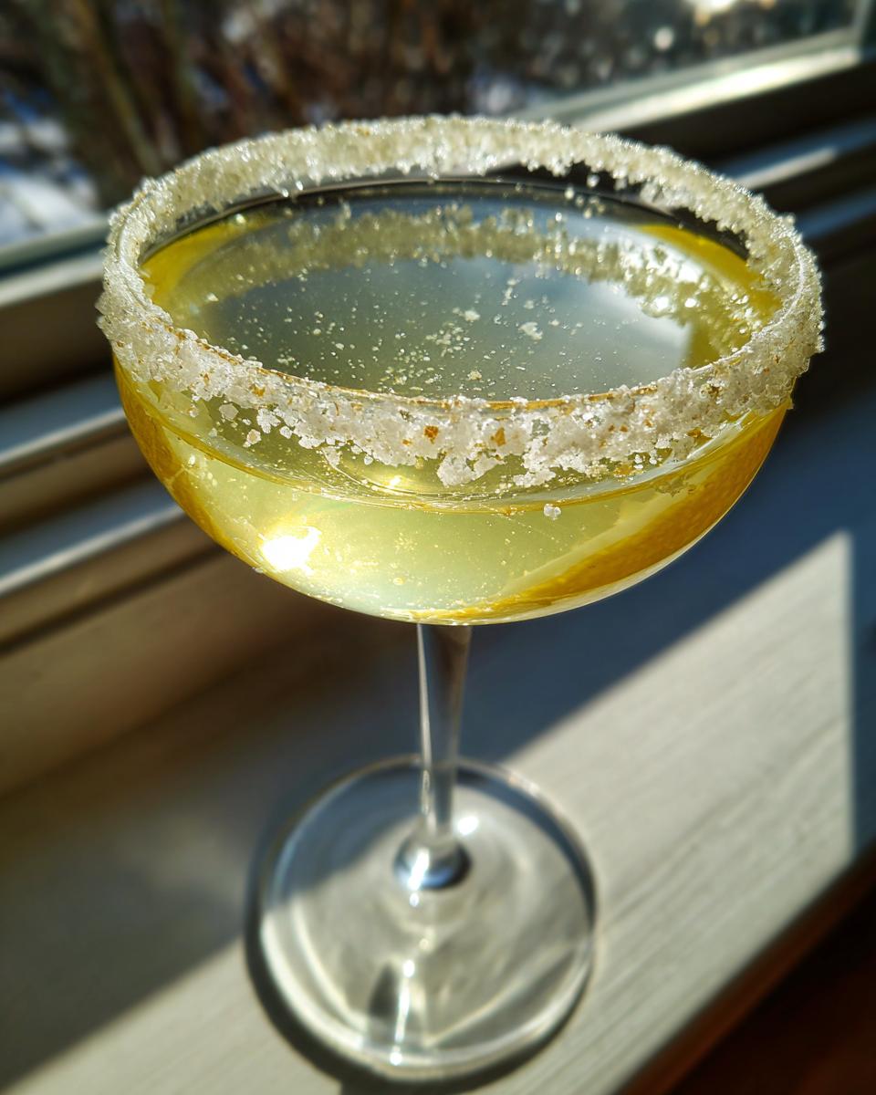 Close-up of a bright yellow lemon drop martini in a coupe glass with a thick, sparkling sugar rim, set near a window.