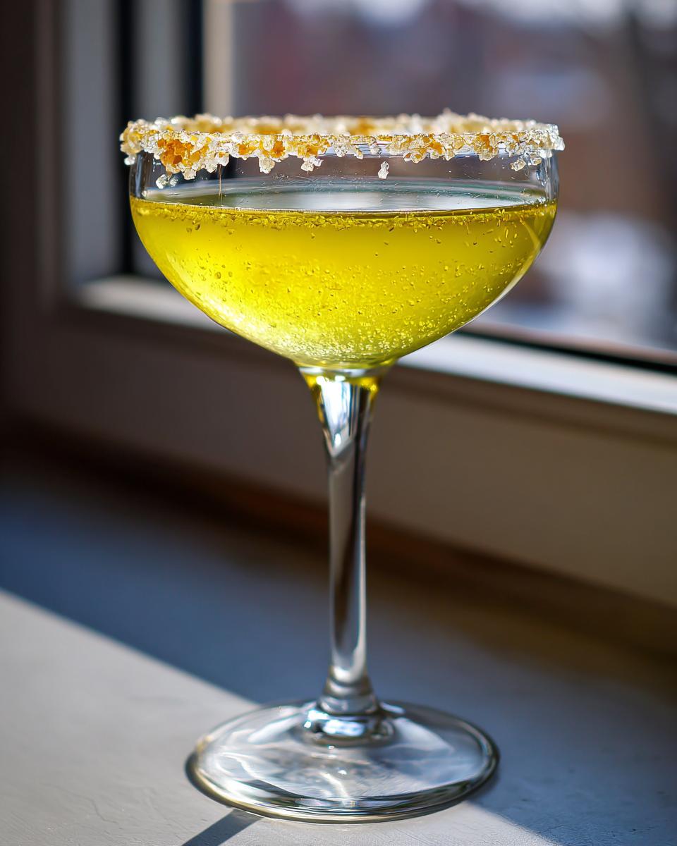 A bright yellow lemon drop martini in a coupe glass with a coarse sugar rim, sitting on a windowsill.