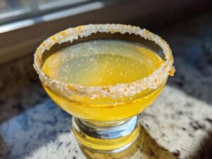 Close-up of a bright yellow lemon drop martini in a coupe glass with a thick sugar and zest rim.