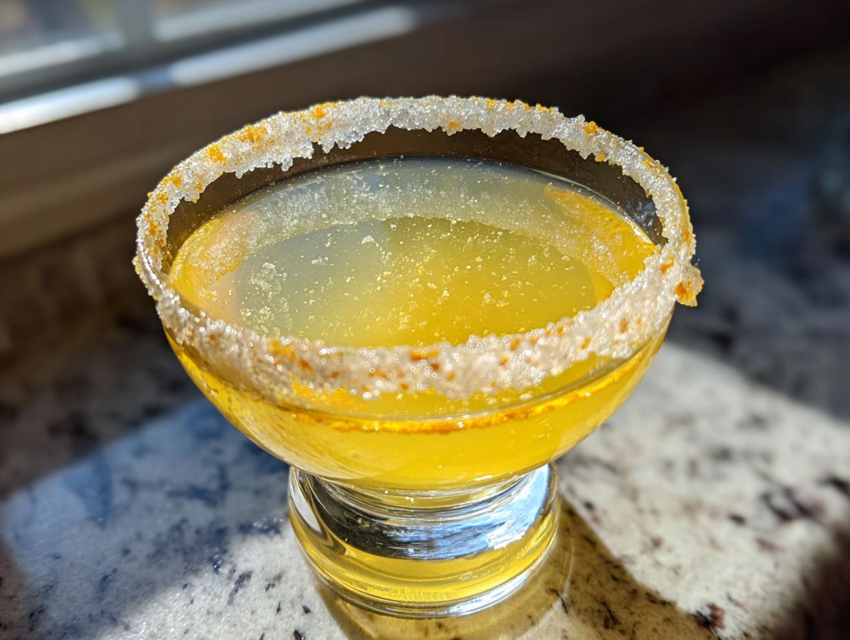 Close-up of a bright yellow lemon drop martini in a coupe glass with a thick sugar and zest rim.