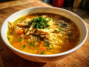 Close-up of a white bowl filled with golden Lemon Ginger Turmeric Chicken and Rice Soup, topped with shredded chicken and fresh parsley.