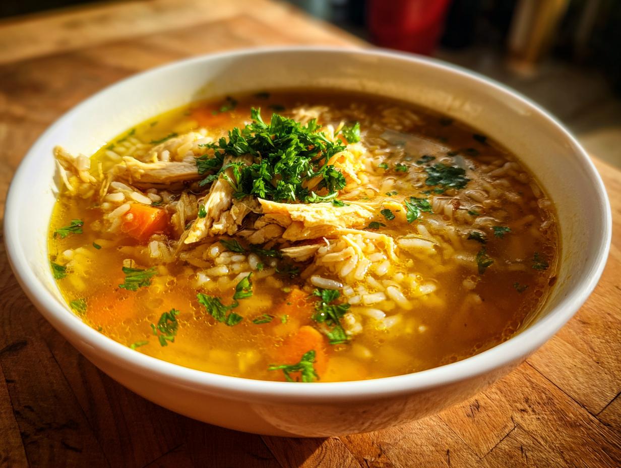 Close-up of a white bowl filled with golden Lemon Ginger Turmeric Chicken and Rice Soup, topped with shredded chicken and fresh parsley.