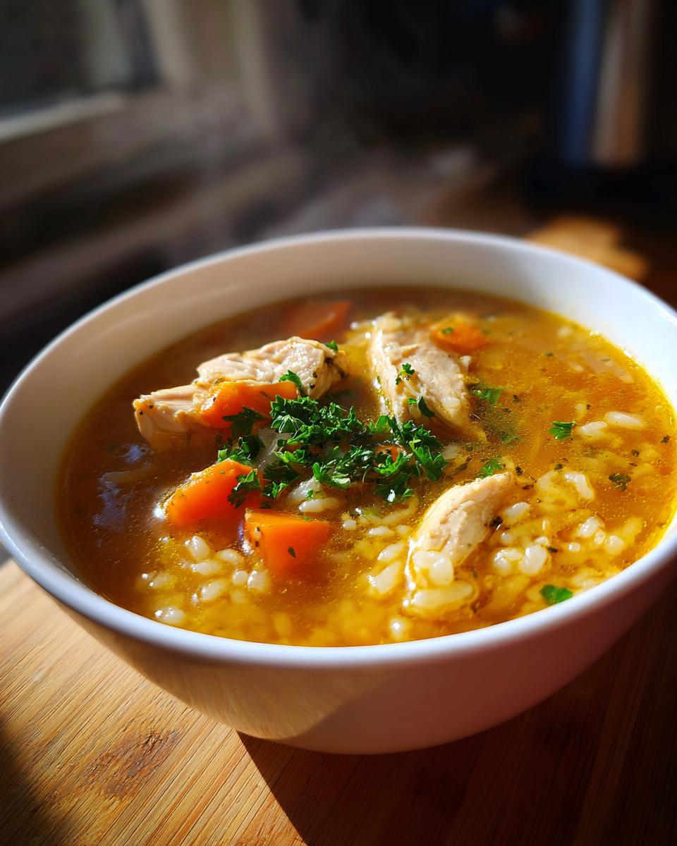 Close-up of a steaming bowl of Lemon Ginger Turmeric Chicken and Rice Soup with chunks of chicken, carrots, and rice.