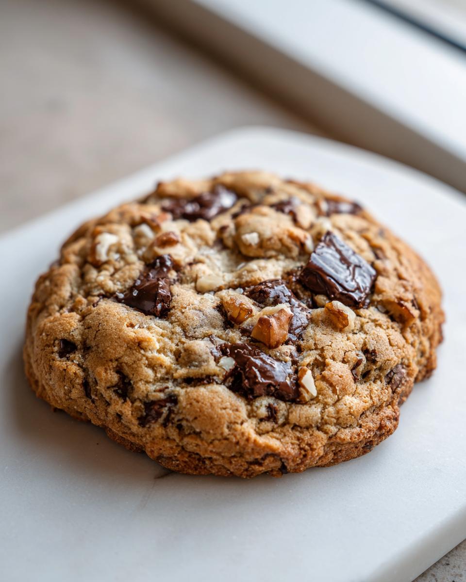 A single, thick, golden-brown levain bakery chocolate chip cookie topped with large chocolate chunks and walnuts.