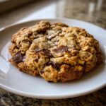Close-up of a massive, thick levain bakery chocolate chip cookie loaded with chocolate chunks and nuts on a white plate.