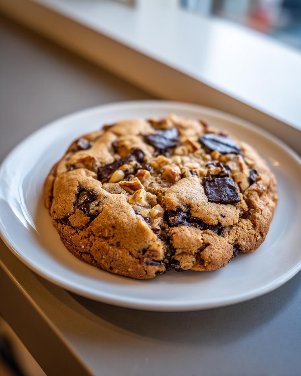 A thick, chunky levain bakery chocolate chip cookie loaded with chocolate chunks and walnuts on a white plate.