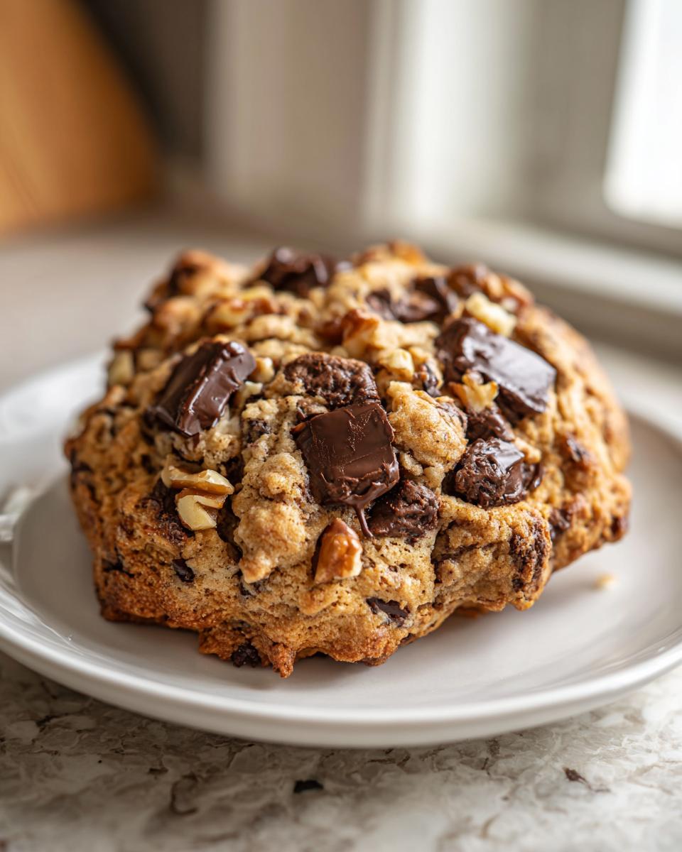 A single, thick, and chunky levain bakery chocolate chip cookie loaded with chocolate chunks and nuts on a white plate.
