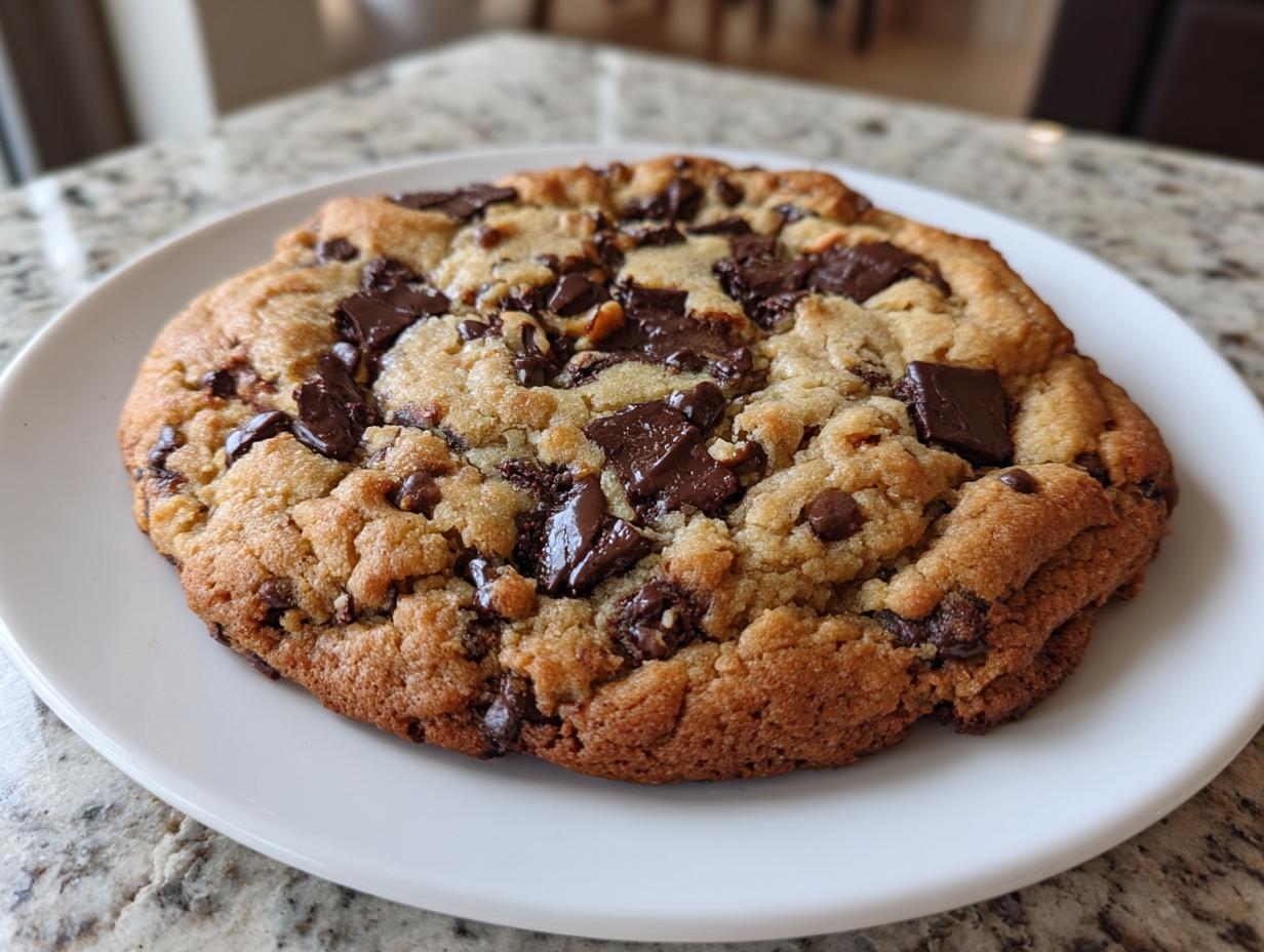 Close-up of a thick, gooey levain bakery chocolate chip cookie loaded with dark chocolate chunks on a white plate.