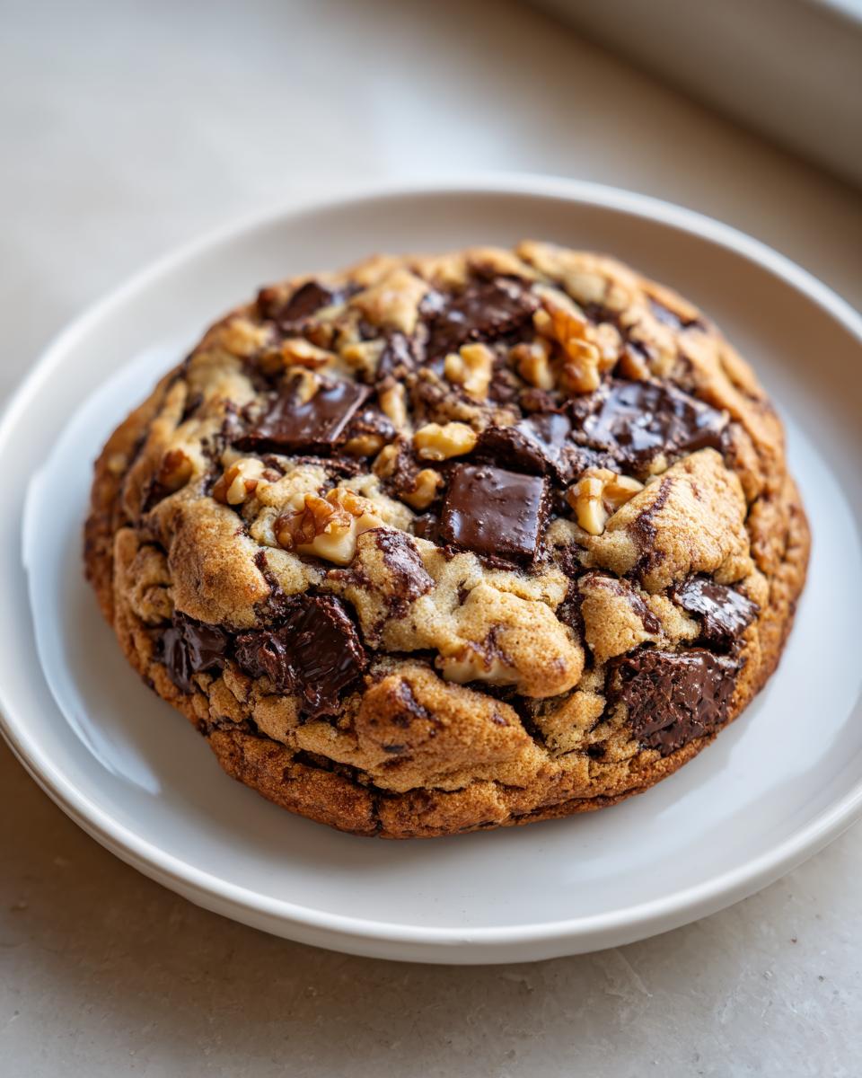 A thick, gooey levain bakery chocolate chip cookie loaded with dark chocolate chunks and walnuts, resting on a white plate.