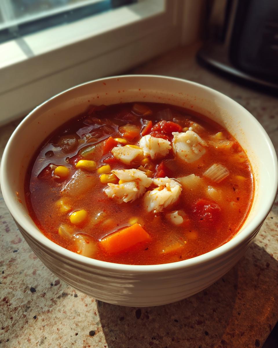 A close-up of a bowl of rich, red maryland crab soup filled with vegetables and large chunks of white crab meat.
