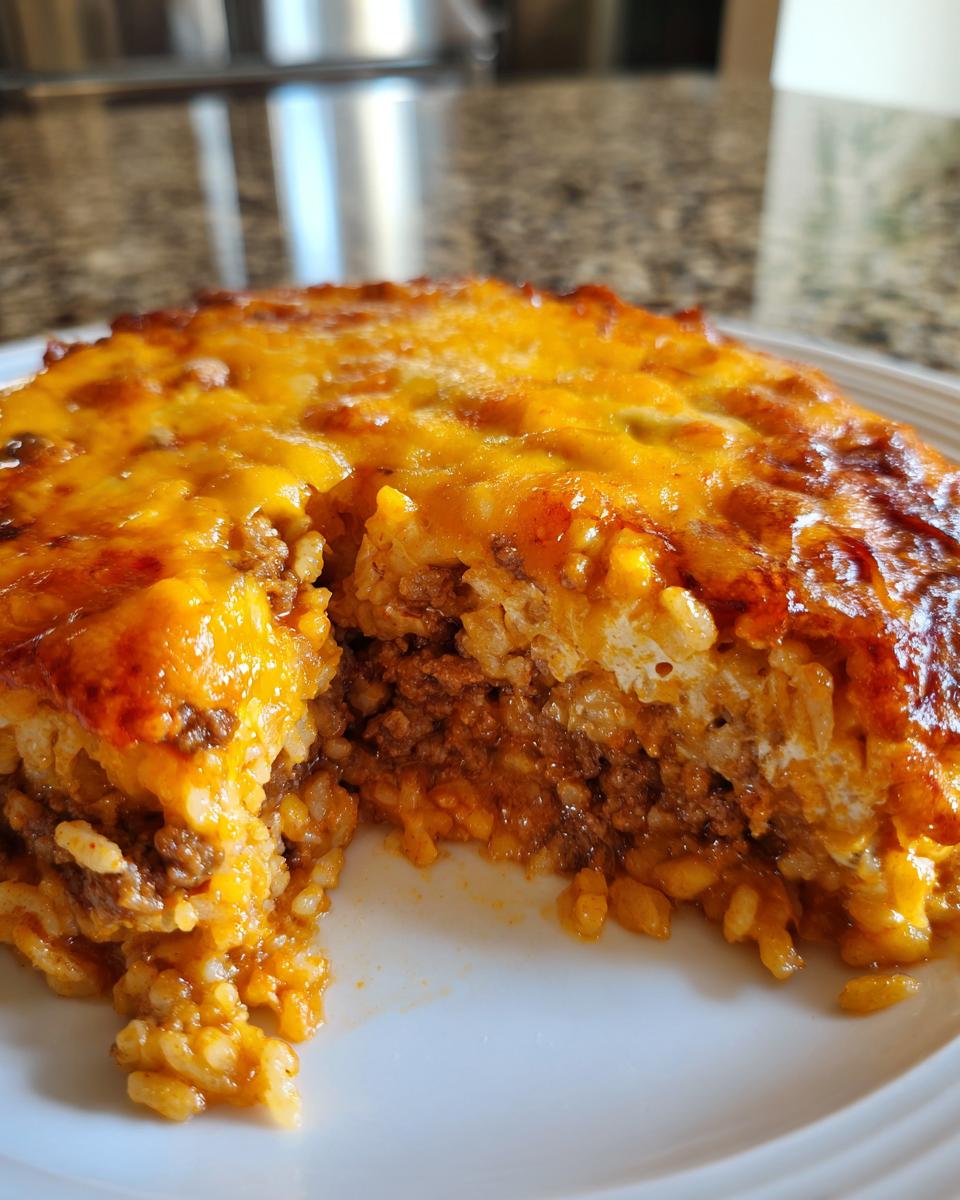Close-up of a serving of Mexican rice casserole showing layers of seasoned rice, ground beef, and a thick, melted, golden-brown cheese topping.