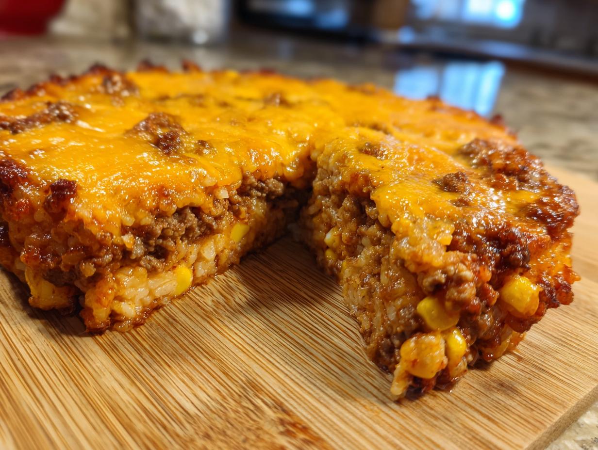 A thick slice removed from a round mexican rice casserole topped with melted cheddar cheese.