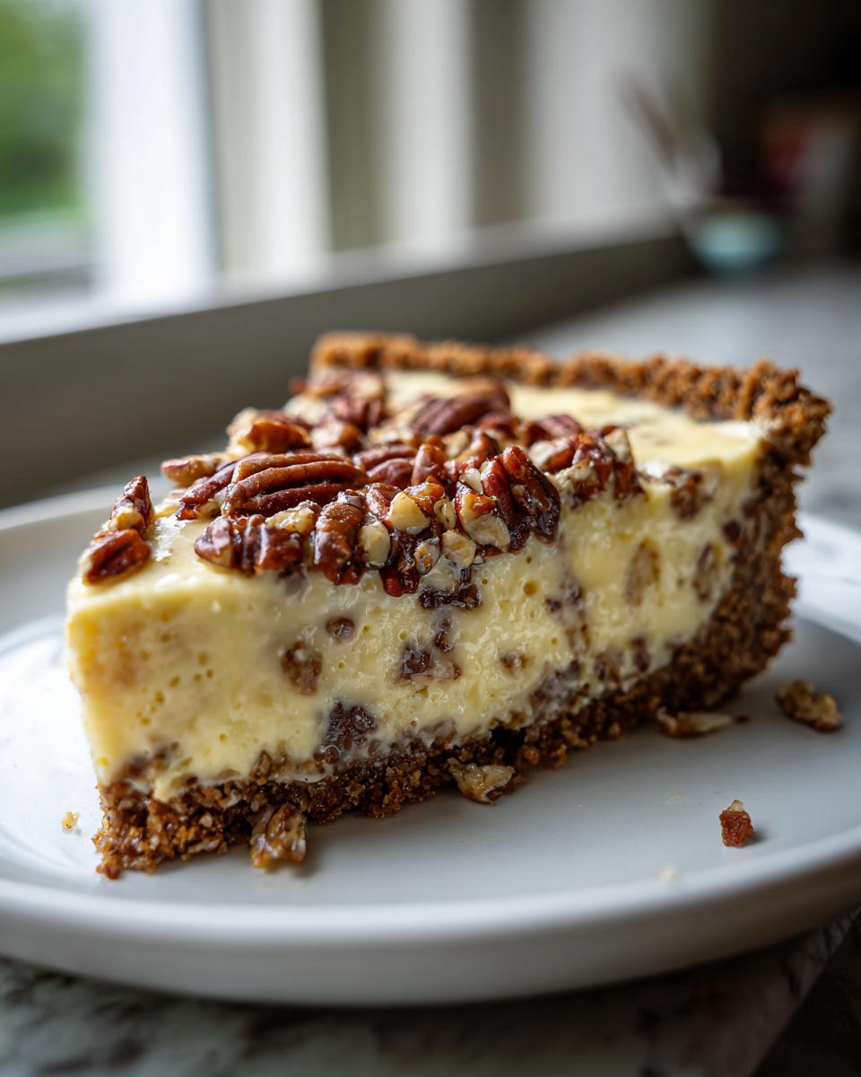A close-up slice of creamy Million Dollar Pie with a thick pecan crust and topping.
