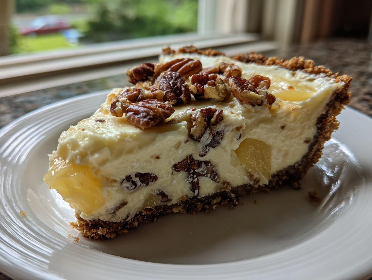 A close-up slice of creamy Million Dollar Pie featuring pineapple chunks and topped with toasted pecans on a white plate.