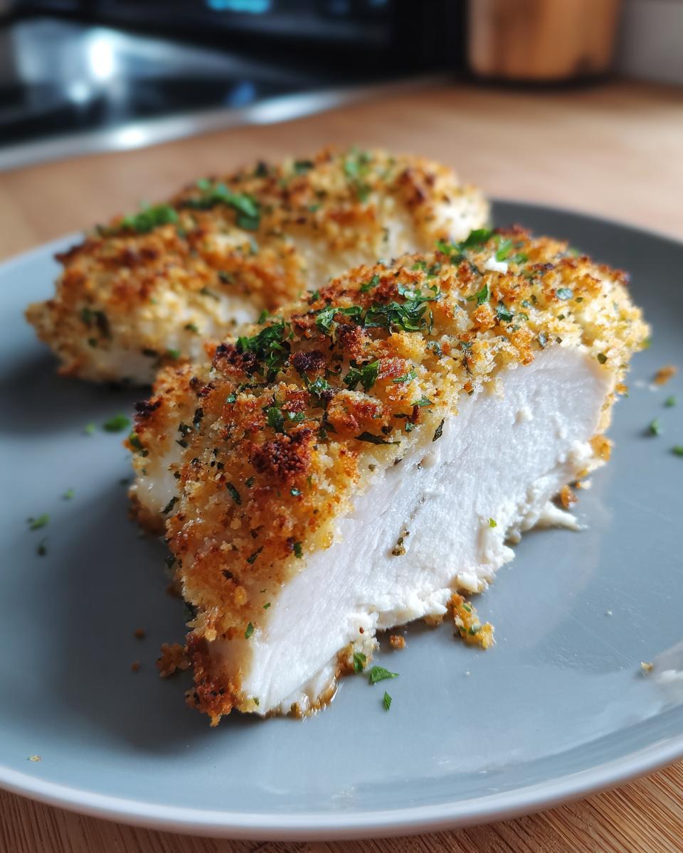 Close-up of moist baked ranch chicken breast, showing the white interior and crispy, golden breadcrumb topping.