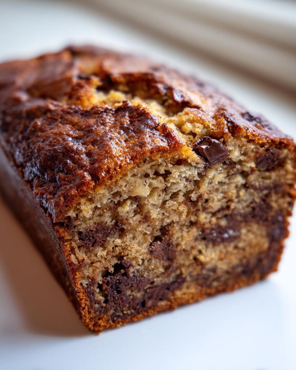 Close-up of a freshly baked, moist banana bread loaf showing a rich, dark crust and chocolate swirls inside.